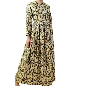 Vintage Dress Formal A-line Long Sleeve Floral Green Modest Glam Size Small